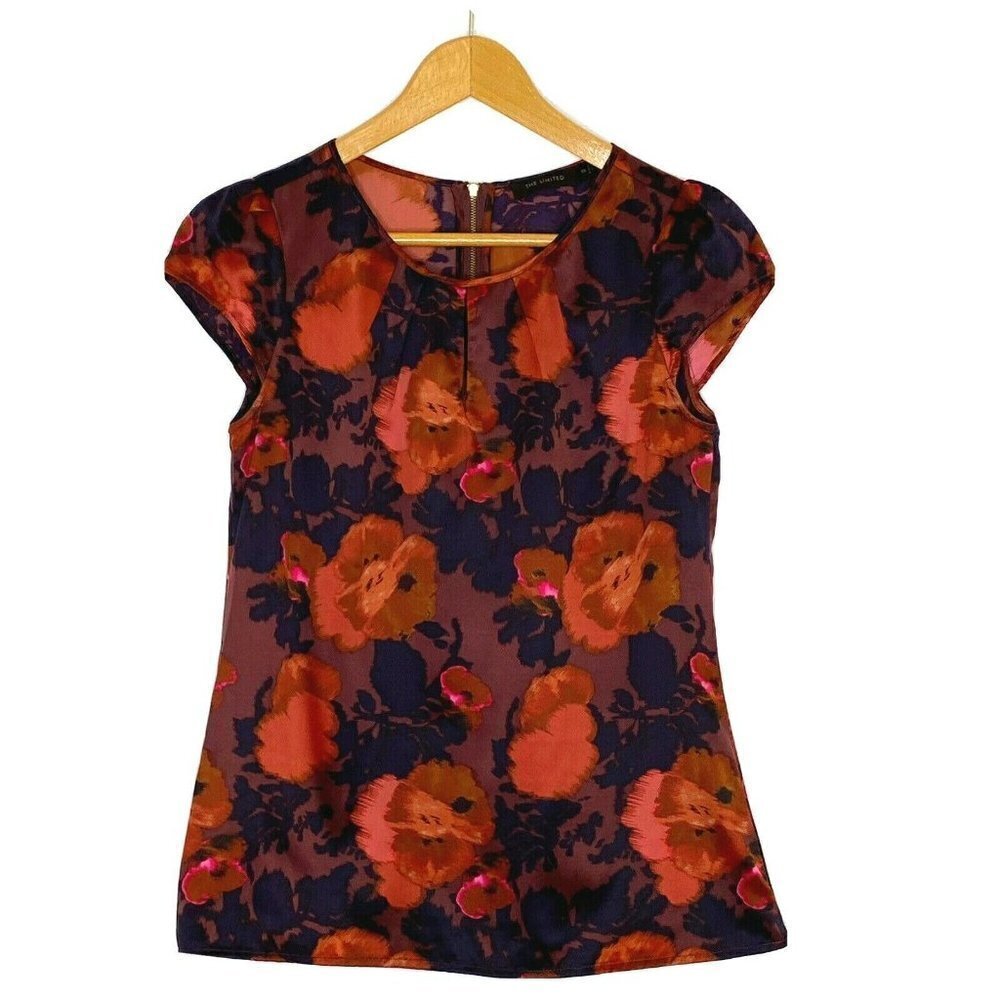 The Limited Women's size XS Cap Sleeve Rounded Neck Blouse Black Orange Floral